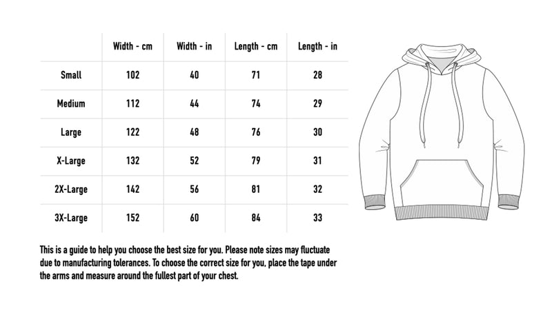 Size chart for Silhouette Hoodie - Grey Heather