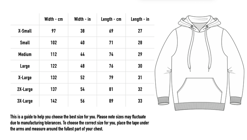 Size chart for Sexy Album Hoodie - Black